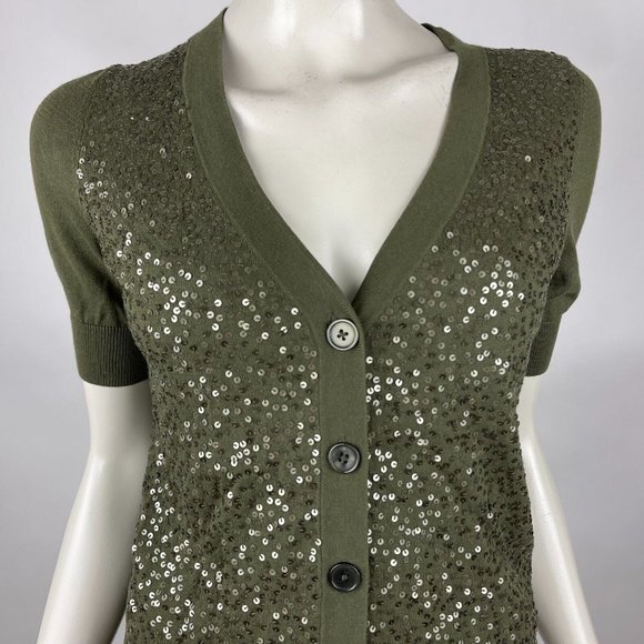 Talbots Short Sleeve Sequin Cardigan Button-up Stretch Cotton Green Women XS NWT - Picture 5 of 8
